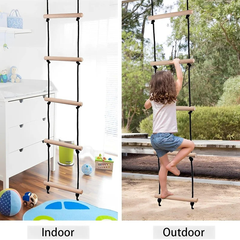 Kids Outdoor Ladder - Children Climbing Rope Ladder Wooden Swing